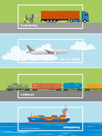 Set of transportation banners. Logistics and delivery concept vector illustration. Air, trucks, railway and ship transport.のイラスト素材