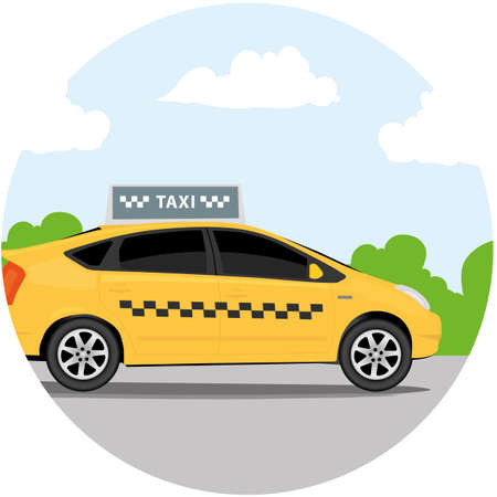Yellow taxi car in front of sky with clouds, taxi icon, call taxi concept, vector illustrationのイラスト素材