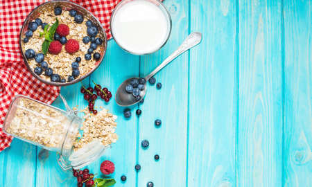 Multigrain wholewheat healthy cereals with fresh berry for breakfast. Top view and copyspaceの写真素材
