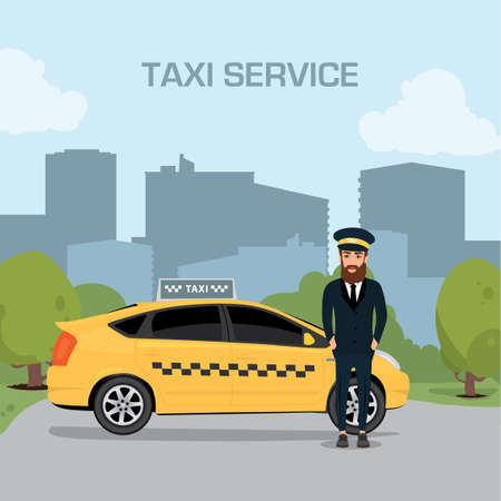 Taxi driver service background the city flat style illustration background.のイラスト素材