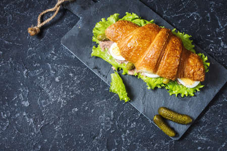 Croissant sandwich with tuna, hard boiled egg, salad and cucumber on stone table. Copy spaceの写真素材