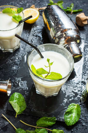 Refreshing alcoholic cocktail margarita with citrus fruits and shaker on dark stone table.の写真素材