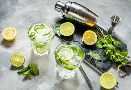 Mojito cocktail with lime and mint in highball glass on a stone table. Drink making tools and ingredients for cocktail.の写真素材