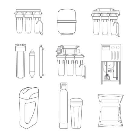 Water filter isolated vector icons. Linear style. Water purification equipment, cartridge.のイラスト素材