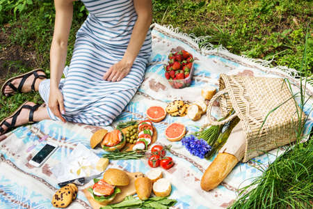 Picnic setting on the grass with basket, sandwiches, fruit, strawberry, salad and olivesの写真素材