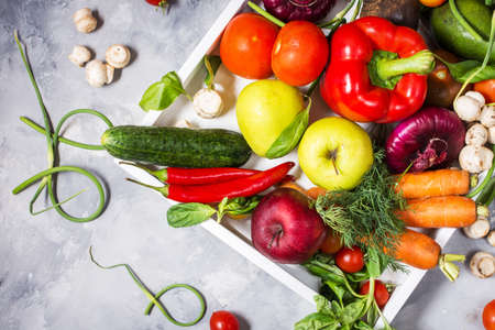 Raw organic vegetables with fresh ingredients for healthily cooking in white tray on concrete backgroundの写真素材