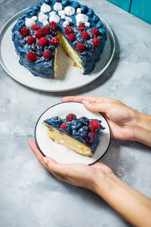 Woman's hands hold the cake with blue cream and berries on blue wood background.