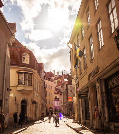 Tallinn, Estonia - August 4, 2018: amazingly beautiful street in Tallinn's old town. Historical landmark in Estonia. The medieval architecture. The summer season.のeditorial素材