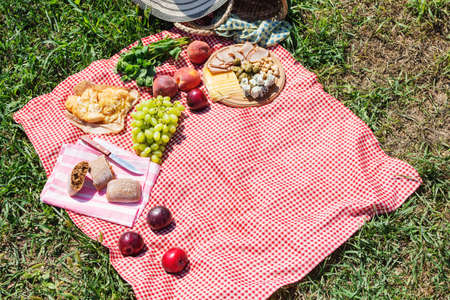 Summer romantic picnic in the park on the grass. Cheese, fruits and croissants