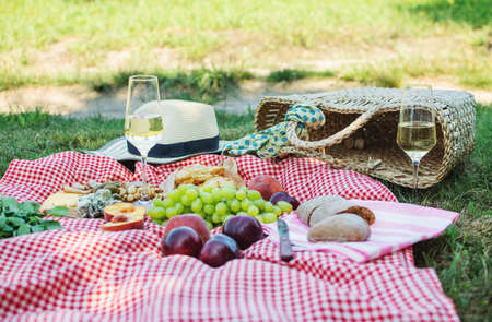 Summer picnic in the park on the grass. Wine, fruit and croissantsの写真素材