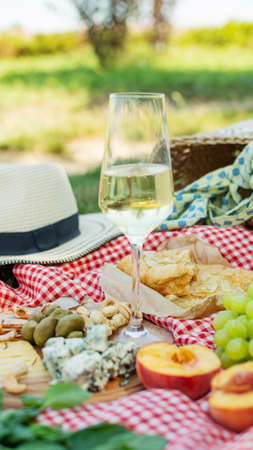 Summer picnic in the park on the grass. Wine, fruit and croissantsの写真素材
