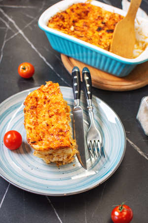 Traditional italian lasagna with minced meat and cheese.
