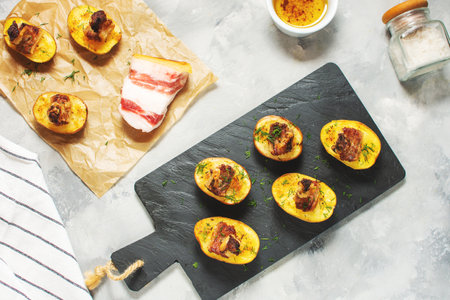 Golden potato halves baked with bacon served on a black board. top viewの写真素材