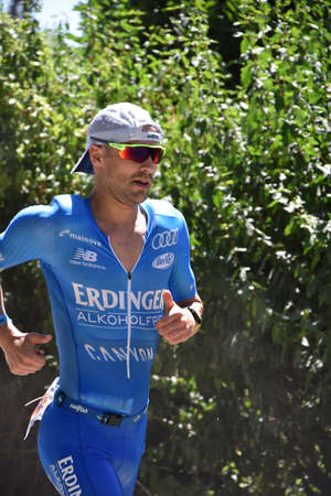 Ironman Hawaii Worldchampionships winner Patrick Lange during Ironman Germany European Championships. The picture shows him during the run split in aTriathlon.のeditorial素材
