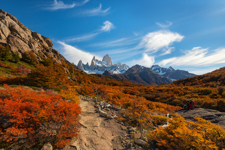 Stunningly beautiful autumn view from the tourist trail on the pearl of the Argentine Patagonia - Mount Fitz Roy in the National Park Los Glaciares.の写真素材