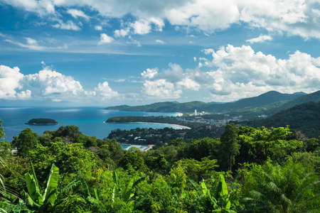 observation deck on three tropical bays and green hills, Karon viewpoint Phuket, Thailand. Summer vacation and nature travel adventure concept.. Summer composition.の写真素材