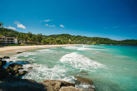 Summer day at tropical beach for surfing and swim. Summer vacation and nature travel adventure concept.. Summer composition.の写真素材