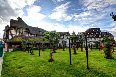 City of Deauville, France, green park and housesのeditorial素材