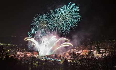 Fireworks over town of Samobor during carnivalの写真素材