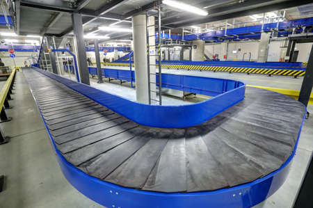 Conveyor belt for luggage in basement of the the new Terminal of Franjo Tudjman airport in Zagreb,...
