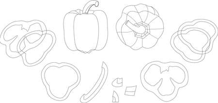 Bulgarian pepper, paprika, bell pepper. Whole, half, cut and sliced ââpeppers. Sliced ââpepper slices. Whole and slices. Vegetable rings, seasoning for cooking.のイラスト素材