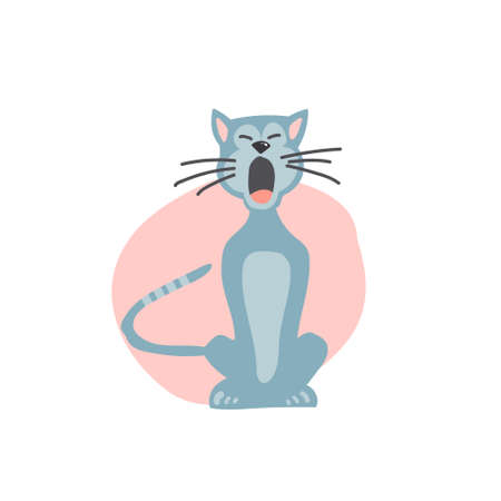Yawning grey cat on a pink background icon. Vector illustration.のイラスト素材