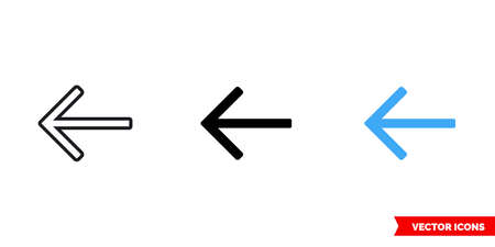 Left arrow icon of 3 types. Isolated vector sign symbol.