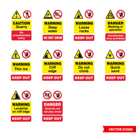 Quarry notice signs icon set of color types. Isolated vector sign symbols.Icon pack.のイラスト素材