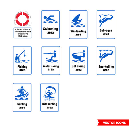 General water safety notice signs icon set of color types. Isolated vector sign symbols.Icon pack.のイラスト素材