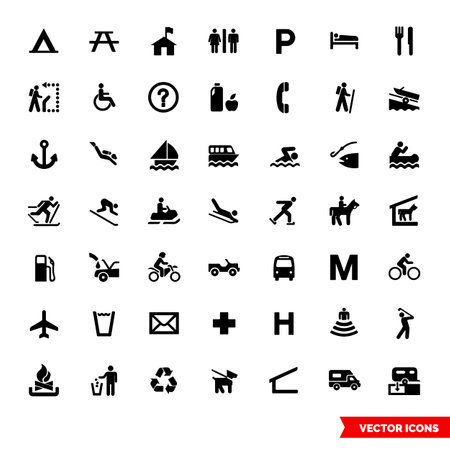 Map symbols icon set of black and white types. Isolated vector sign symbols. Icon pack.のイラスト素材