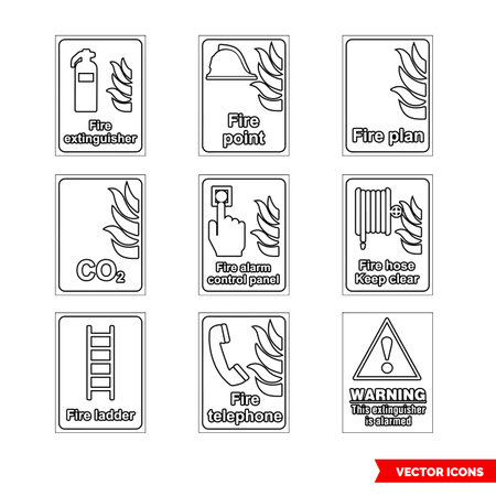 Fire fighting signs icon set of outline types. Isolated vector sign symbols.Icon pack.のイラスト素材