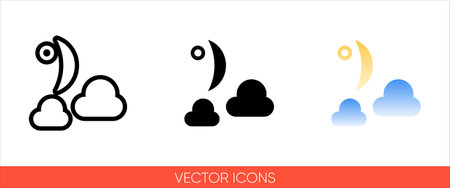 Weather symbol moon with clouds or partly cloudy night sign icon of 3 types color, black and white, outline.Isolated vector sign symbol.のイラスト素材
