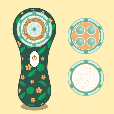 Electric facial brush for daily facial care with additional accessories and fashionable print.Vector illustration.のイラスト素材