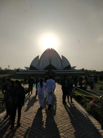 DELHI, INDIA - FEBRUARY 18, 2018: Bahai house of Worship popularly known as the Lotus Temple due to its Lotus like structure at sunset in New Delhi, Indiaのeditorial素材