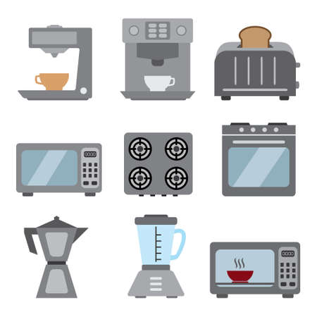 Kitchen appliances kitchenware vector icon set color, icons such as oven, microwave, toaster, coffee maker and othersのイラスト素材