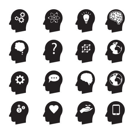 Man head mind thinking vector icon set, ecology, money, connection, love and othersのイラスト素材