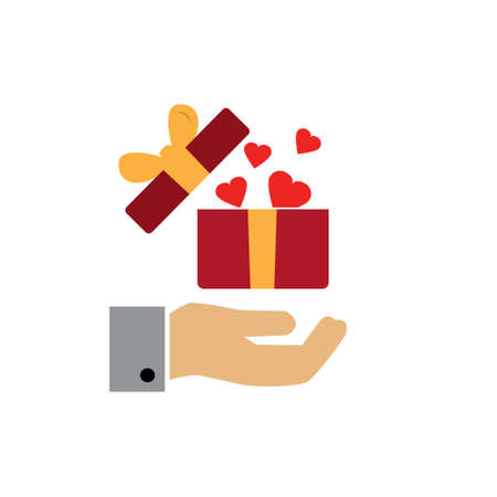 Gift box or present giving, gift with hearts open in hand vector icon colorのイラスト素材