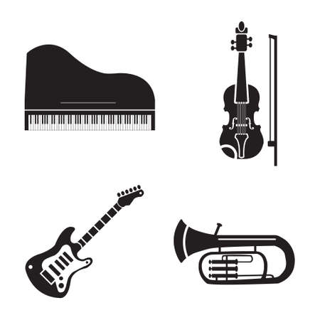 Musical instruments vector icon set, piano, violin, electric guitar and trumpetのイラスト素材