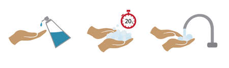 Hand washing procedure, guideline corona virus hygiene vector icon set color, soap, timer, faucet...