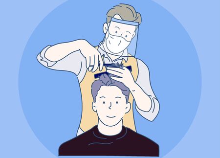 A Male hairdresser wearing face shield and haircut client, making haircut using metal scissors and comb. New Normal concept. Hand drawn in thin line style, vector illustration.のイラスト素材