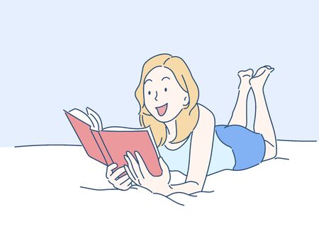 Young woman reading book while lying on bed at home. Hobby concept.  Hand drawn in thin line style, vector illustrations.のイラスト素材
