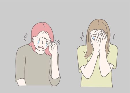 People with sad expression and cry. Hand drawn in thin line style, vector illustrations.のイラスト素材