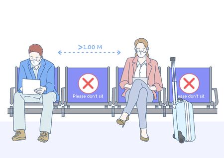 People are sitting on the chair and are using their own smartphone with each other at approximately 1 meter distance. Social distancing, keep distance in public society people to protect from COVID-19のイラスト素材