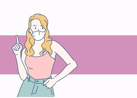 The girl pointed up and confident. Hand drawn in thin line style, vector illustration. (Mask can be removable)のイラスト素材