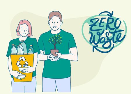 Cheerful men and women hold a plastic container and a small tree. Concept of deforestation, Ecology, Conservation,Recycling and Sustainability.のイラスト素材