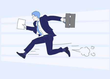 Young business man running forward. Concept of fast business with running businessman. Hand drawn in thin line style, vector illustrations.のイラスト素材