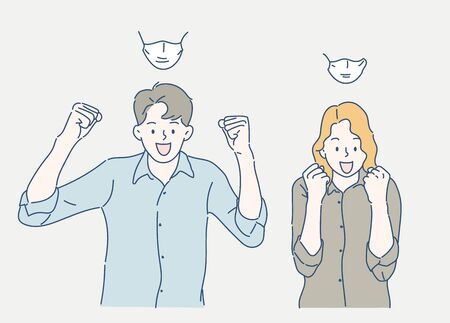Cheerful man and woman raise his hand confidently, they are wearing medical face masks. Hand drawn in thin line style, vector illustrations. (A Mask can be removable)のイラスト素材