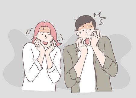 Men and women are afraid of something and are very shocked. Hand drawn in thin line style, vector illustrations.のイラスト素材