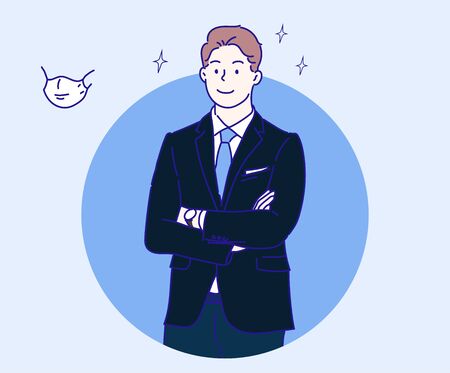 Businessman smiling and confident. Concept of leadership. Hand drawn in thin line style, vector illustrations.  (A Mask can be removable)のイラスト素材