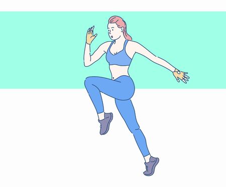 Full length illustration of a young female in sportswear jumping. Hand drawn in thin line style, vector illustrations.のイラスト素材